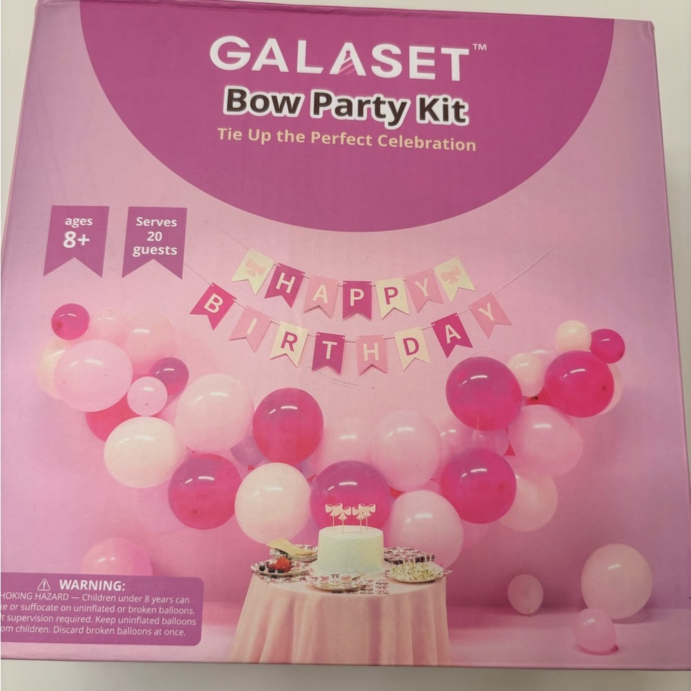 NEW Bow Pink Birthday Girl Party Kit Plates, Banner, Forks, Napkins, Balloons